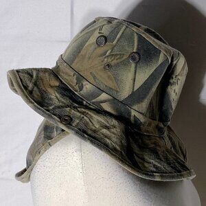 Vintage Country Leather Woodlands Camo Booney Wanderer Bucket Hat W Neck Shield
